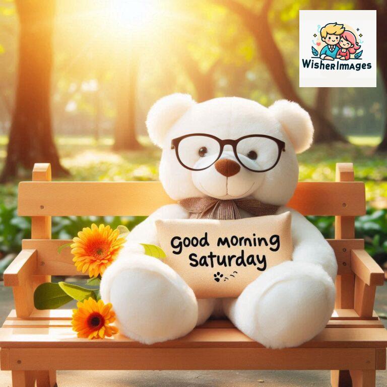 Good-morning-Saturday-free-whatsapp-images-download-A-cute-teddy-bear-reclining-on-a-wooden-bench-An-orange-flower-rests-on-the-bench_168