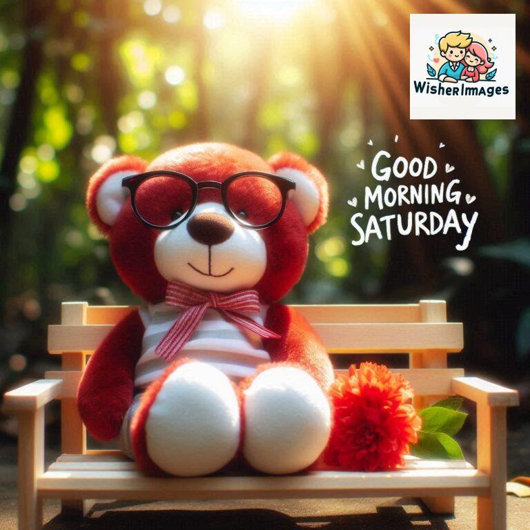 Good-morning-Saturday-free-whatsapp-images-download-A-cute-teddy-bear-reclining-on-a-wooden-bench-An-orange-flower-rests-on-the-bench_170