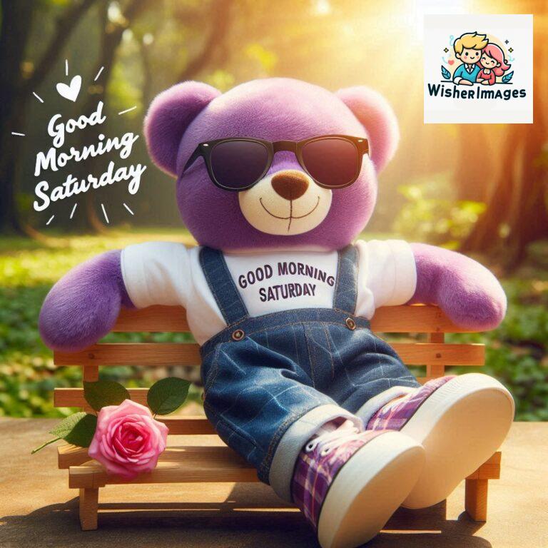 Good-morning-Saturday-free-whatsapp-images-download-A-cute-teddy-bear-reclining-on-a-wooden-bench-An-orange-flower-rests-on-the-bench_172