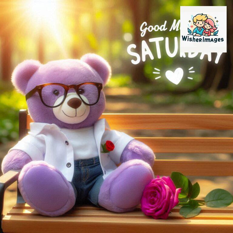 Good-morning-Saturday-free-whatsapp-images-download-A-cute-teddy-bear-reclining-on-a-wooden-bench-An-orange-flower-rests-on-the-bench_173