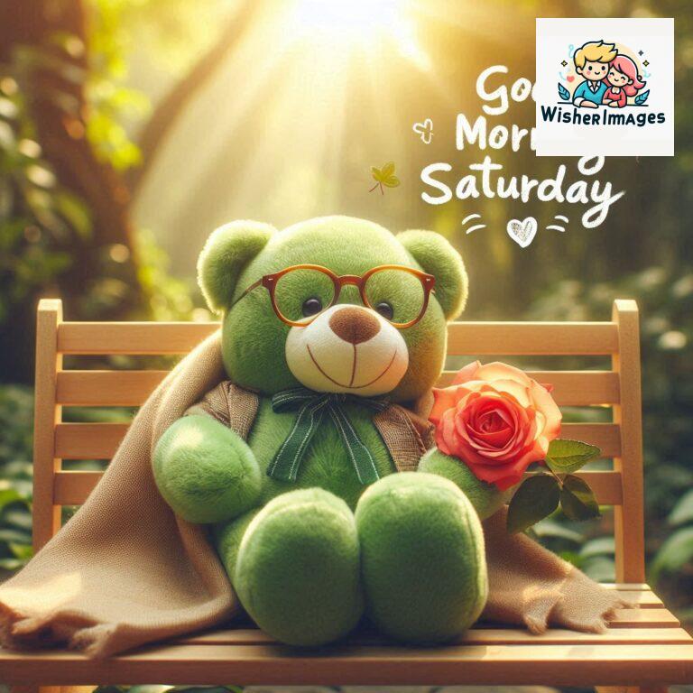 Good-morning-Saturday-free-whatsapp-images-download-A-cute-teddy-bear-reclining-on-a-wooden-bench-An-orange-flower-rests-on-the-bench_174