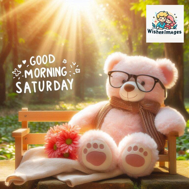 Good-morning-Saturday-free-whatsapp-images-download-A-cute-teddy-bear-reclining-on-a-wooden-bench-An-orange-flower-rests-on-the-bench_175