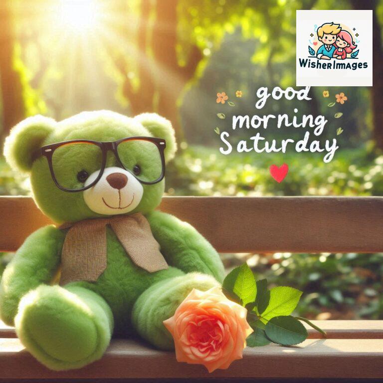 Good-morning-Saturday-free-whatsapp-images-download-A-cute-teddy-bear-reclining-on-a-wooden-bench-An-orange-flower-rests-on-the-bench_177