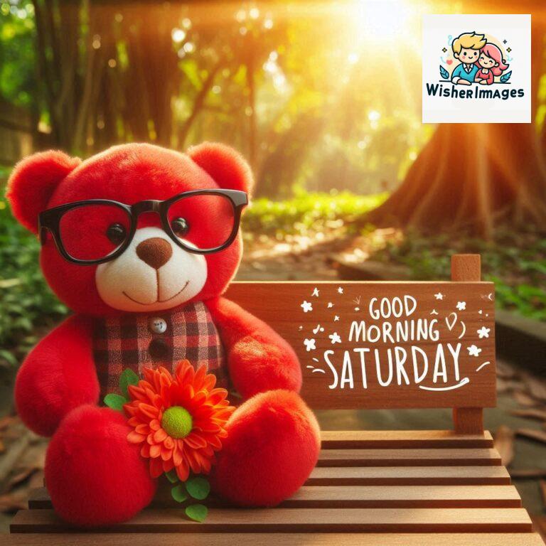 Good-morning-Saturday-free-whatsapp-images-download-A-cute-teddy-bear-reclining-on-a-wooden-bench-An-orange-flower-rests-on-the-bench_18