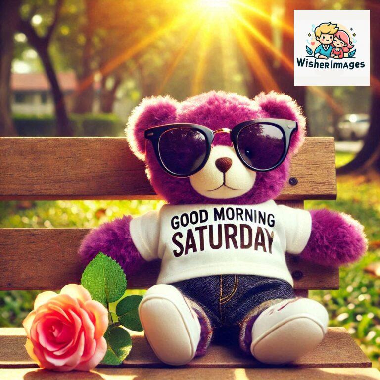 Good-morning-Saturday-free-whatsapp-images-download-A-cute-teddy-bear-reclining-on-a-wooden-bench-An-orange-flower-rests-on-the-bench_183