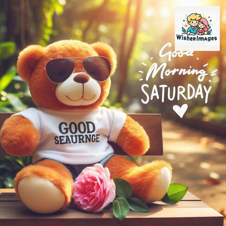 Good-morning-Saturday-free-whatsapp-images-download-A-cute-teddy-bear-reclining-on-a-wooden-bench-An-orange-flower-rests-on-the-bench_20