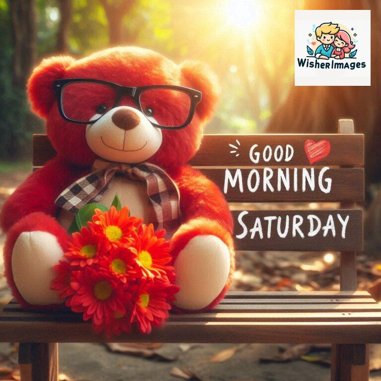 Good-morning-Saturday-free-whatsapp-images-download-A-cute-teddy-bear-reclining-on-a-wooden-bench-An-orange-flower-rests-on-the-bench_21