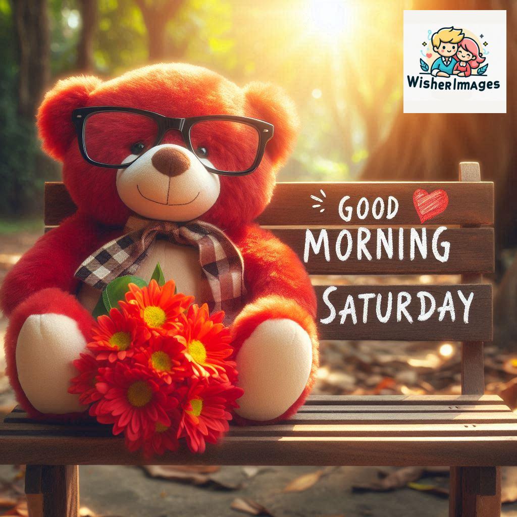 Good morning Saturday free whatsapp images download A cute teddy bear reclining on a wooden bench An orange flower rests on the bench (21)