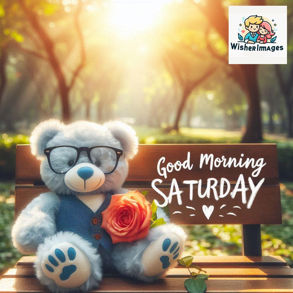 Good morning Saturday free whatsapp images download A cute teddy bear reclining on a wooden bench An orange flower rests on the bench (23)