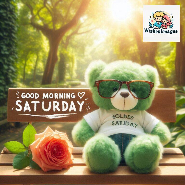 Good-morning-Saturday-free-whatsapp-images-download-A-cute-teddy-bear-reclining-on-a-wooden-bench-An-orange-flower-rests-on-the-bench_24