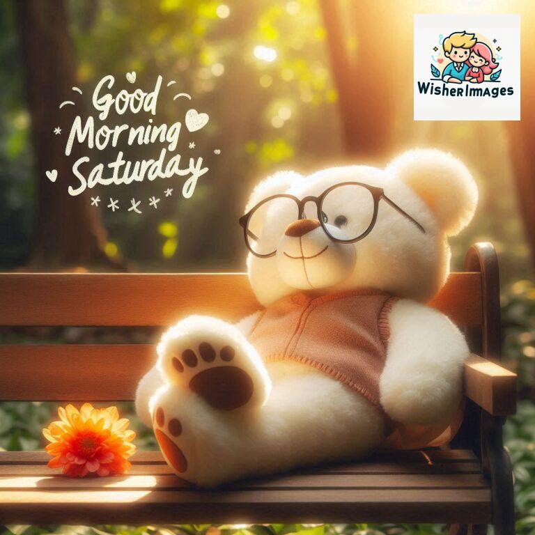 Good-morning-Saturday-free-whatsapp-images-download-A-cute-teddy-bear-reclining-on-a-wooden-bench-An-orange-flower-rests-on-the-bench_27