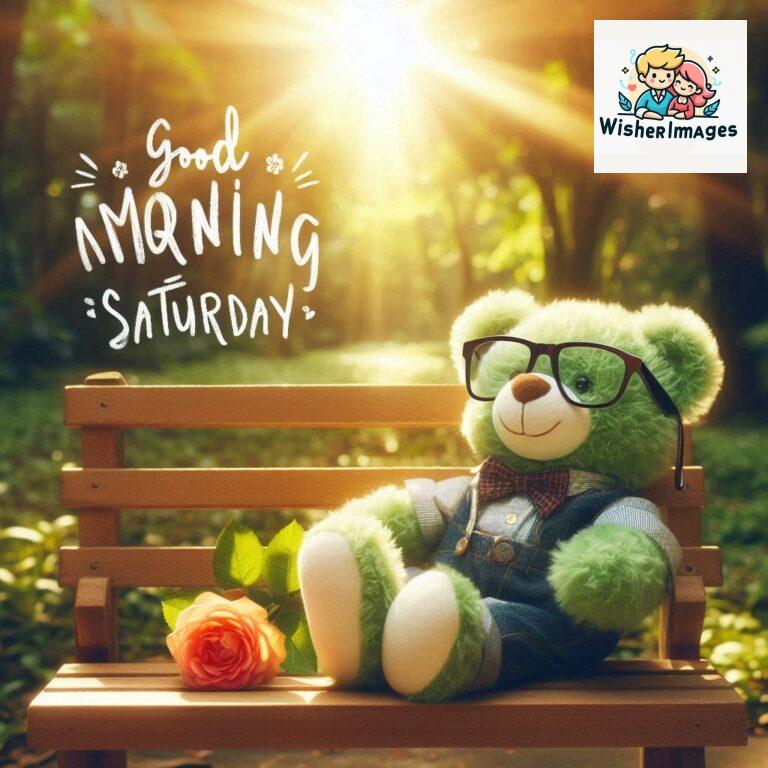 Good-morning-Saturday-free-whatsapp-images-download-A-cute-teddy-bear-reclining-on-a-wooden-bench-An-orange-flower-rests-on-the-bench_28