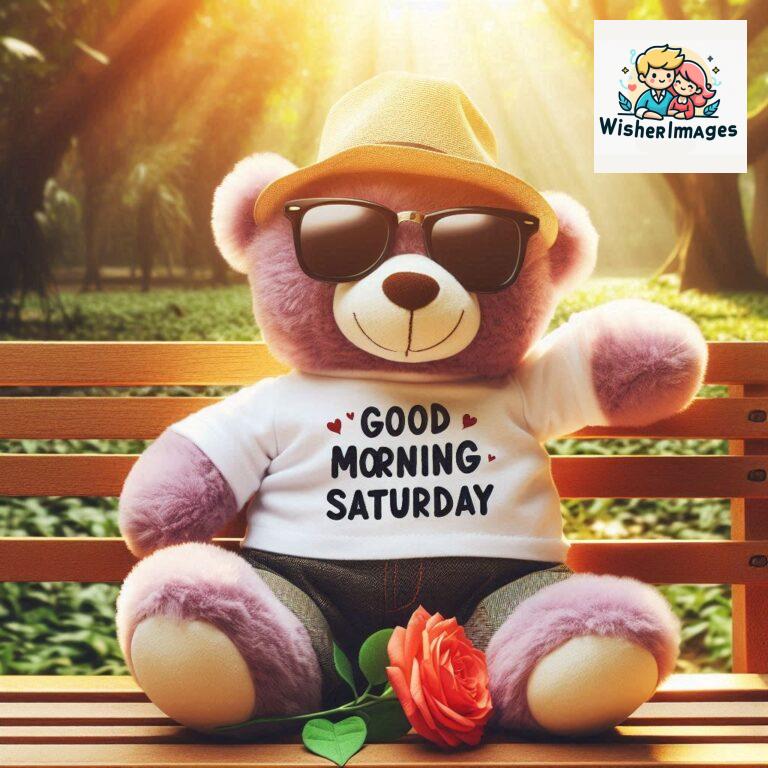 Good-morning-Saturday-free-whatsapp-images-download-A-cute-teddy-bear-reclining-on-a-wooden-bench-An-orange-flower-rests-on-the-bench_29