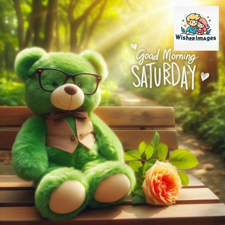 Good-morning-Saturday-free-whatsapp-images-download-A-cute-teddy-bear-reclining-on-a-wooden-bench-An-orange-flower-rests-on-the-bench_3