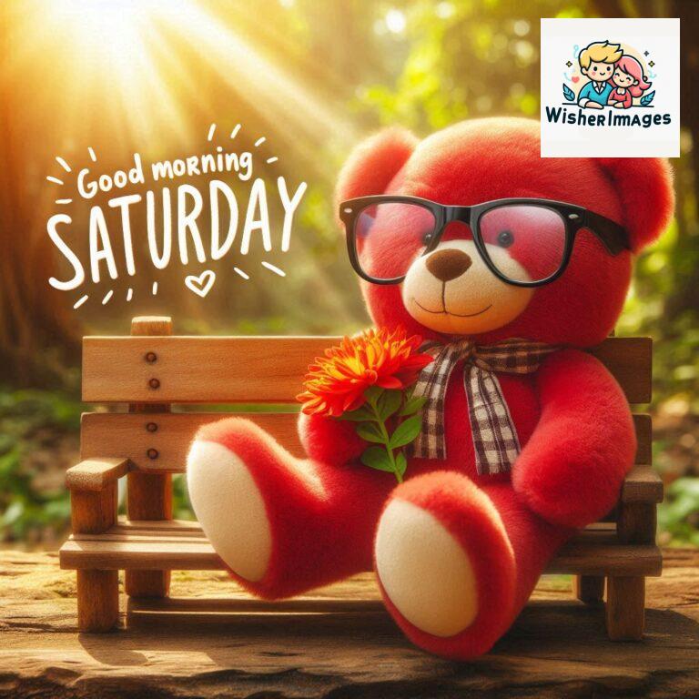 Good-morning-Saturday-free-whatsapp-images-download-A-cute-teddy-bear-reclining-on-a-wooden-bench-An-orange-flower-rests-on-the-bench_35