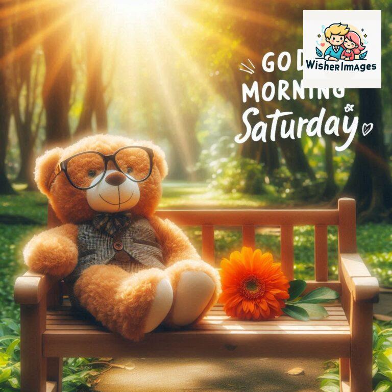 Good-morning-Saturday-free-whatsapp-images-download-A-cute-teddy-bear-reclining-on-a-wooden-bench-An-orange-flower-rests-on-the-bench_37