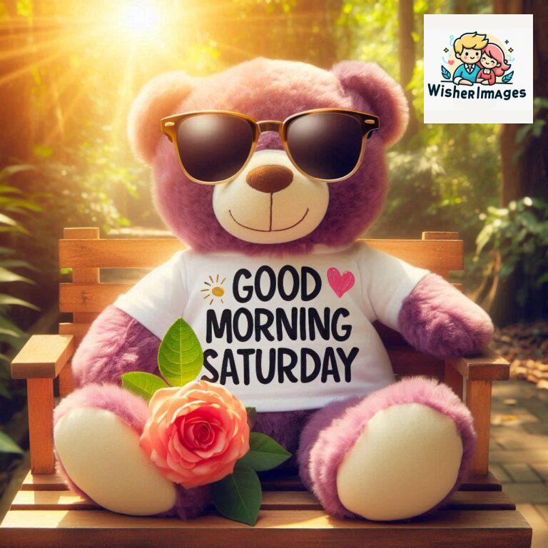 Good-morning-Saturday-free-whatsapp-images-download-A-cute-teddy-bear-reclining-on-a-wooden-bench-An-orange-flower-rests-on-the-bench_39