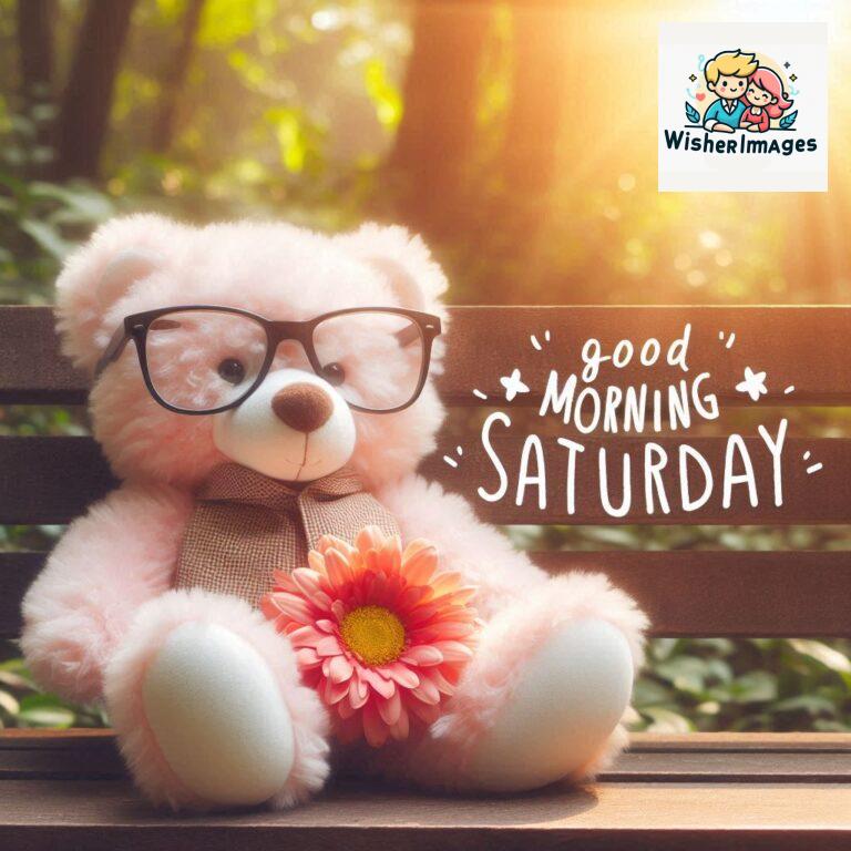 Good-morning-Saturday-free-whatsapp-images-download-A-cute-teddy-bear-reclining-on-a-wooden-bench-An-orange-flower-rests-on-the-bench_4