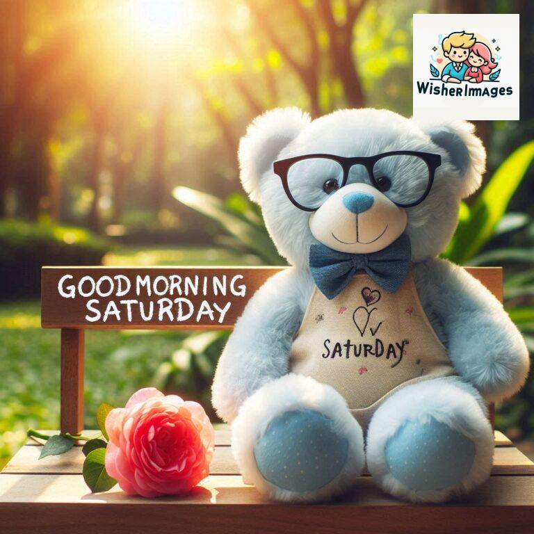 Good-morning-Saturday-free-whatsapp-images-download-A-cute-teddy-bear-reclining-on-a-wooden-bench-An-orange-flower-rests-on-the-bench_40