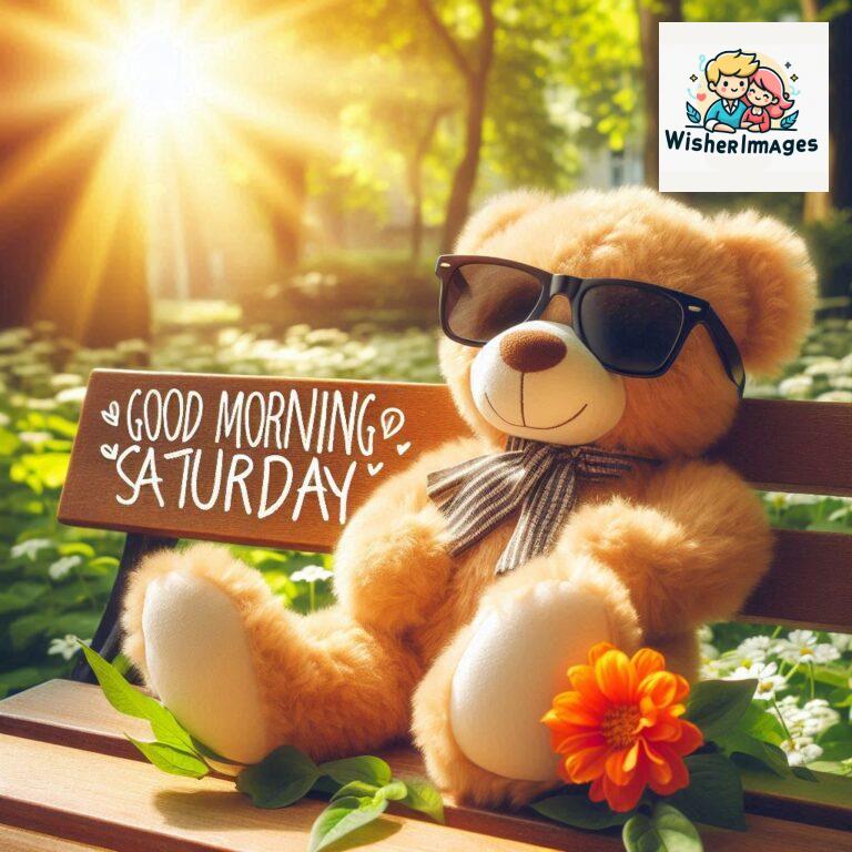 Good-morning-Saturday-free-whatsapp-images-download-A-cute-teddy-bear-reclining-on-a-wooden-bench-An-orange-flower-rests-on-the-bench_41