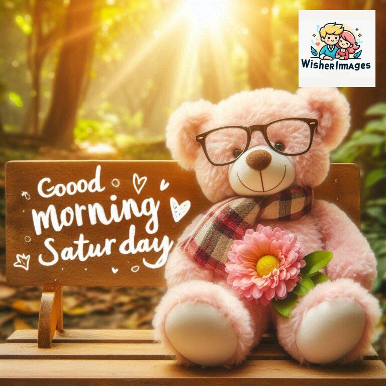 Good-morning-Saturday-free-whatsapp-images-download-A-cute-teddy-bear-reclining-on-a-wooden-bench-An-orange-flower-rests-on-the-bench_42