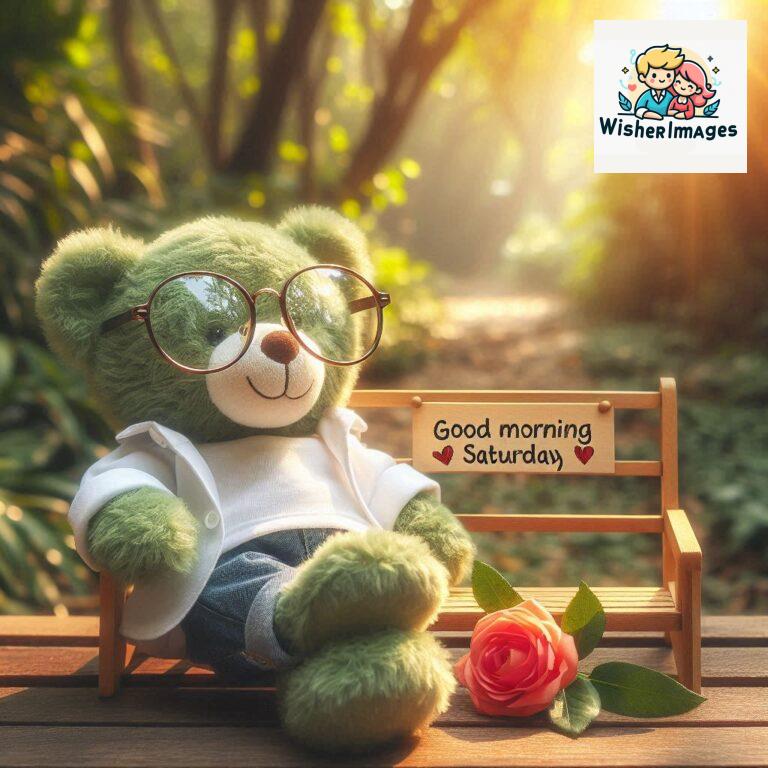 Good-morning-Saturday-free-whatsapp-images-download-A-cute-teddy-bear-reclining-on-a-wooden-bench-An-orange-flower-rests-on-the-bench_43