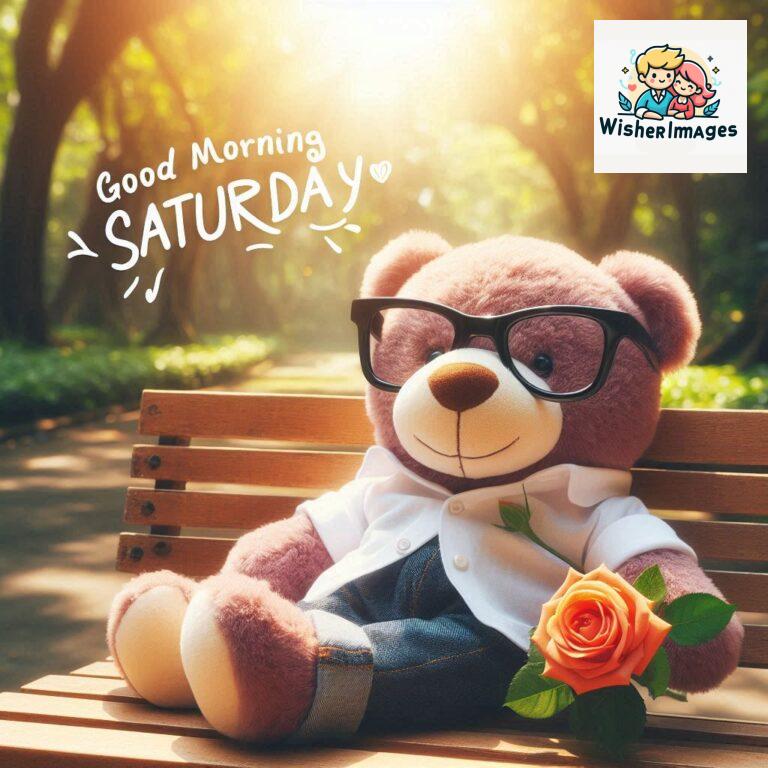 Good-morning-Saturday-free-whatsapp-images-download-A-cute-teddy-bear-reclining-on-a-wooden-bench-An-orange-flower-rests-on-the-bench_44