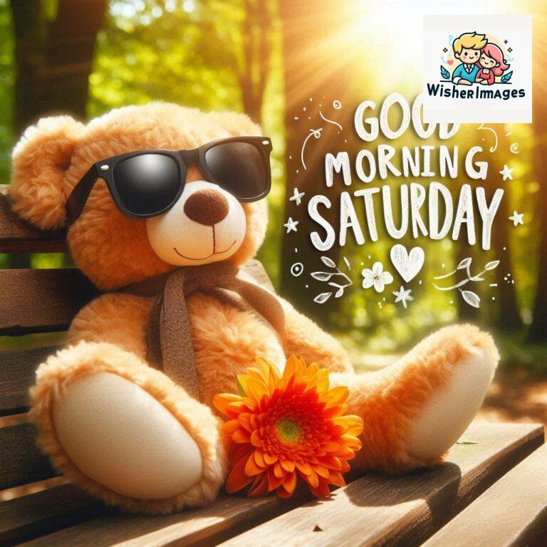 Good-morning-Saturday-free-whatsapp-images-download-A-cute-teddy-bear-reclining-on-a-wooden-bench-An-orange-flower-rests-on-the-bench_45