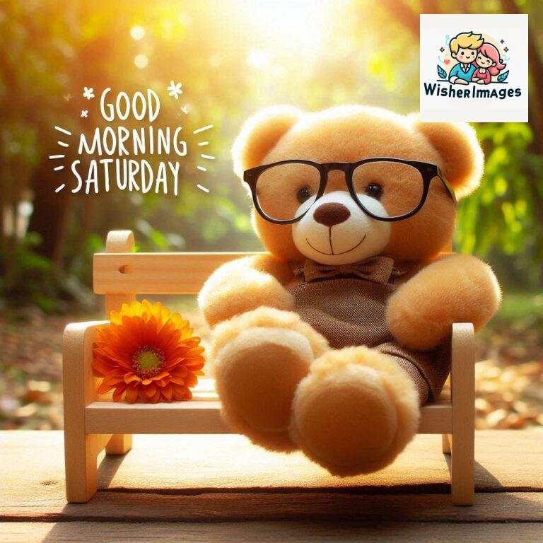 Good-morning-Saturday-free-whatsapp-images-download-A-cute-teddy-bear-reclining-on-a-wooden-bench-An-orange-flower-rests-on-the-bench_47