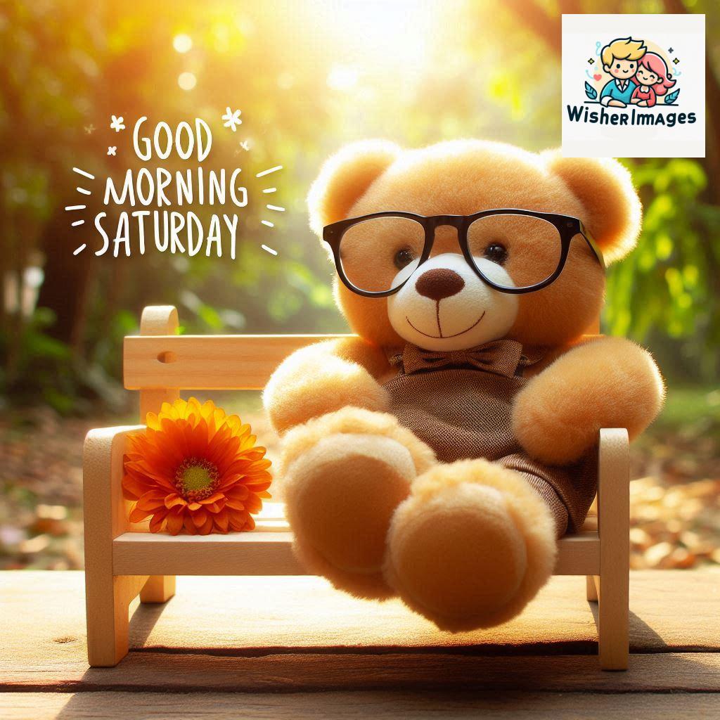 Good morning Saturday free whatsapp images download A cute teddy bear reclining on a wooden bench An orange flower rests on the bench (47)