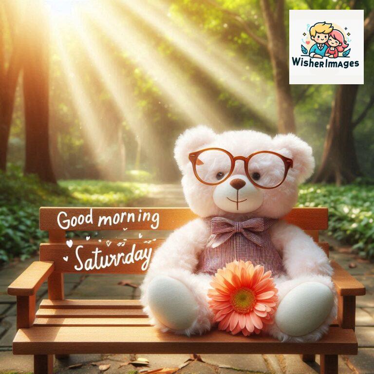 Good-morning-Saturday-free-whatsapp-images-download-A-cute-teddy-bear-reclining-on-a-wooden-bench-An-orange-flower-rests-on-the-bench_48