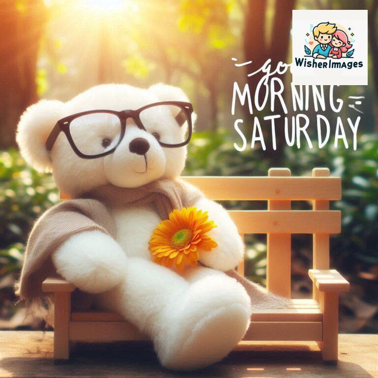 Good-morning-Saturday-free-whatsapp-images-download-A-cute-teddy-bear-reclining-on-a-wooden-bench-An-orange-flower-rests-on-the-bench_49