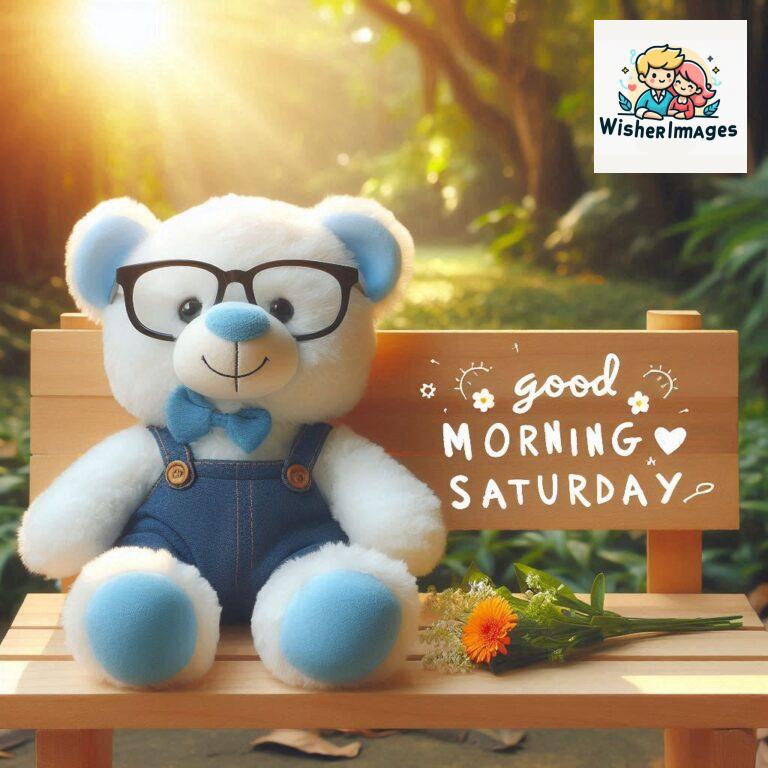 Good-morning-Saturday-free-whatsapp-images-download-A-cute-teddy-bear-reclining-on-a-wooden-bench-An-orange-flower-rests-on-the-bench_5