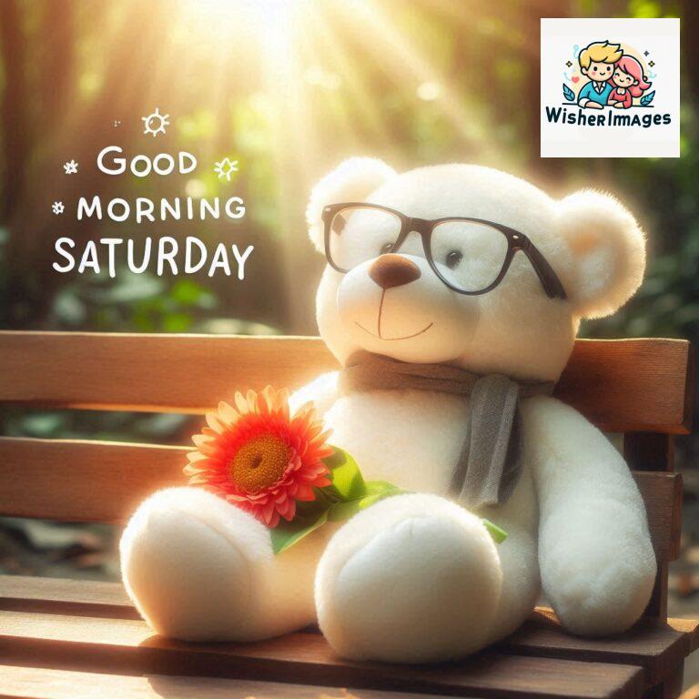 Good-morning-Saturday-free-whatsapp-images-download-A-cute-teddy-bear-reclining-on-a-wooden-bench-An-orange-flower-rests-on-the-bench_50