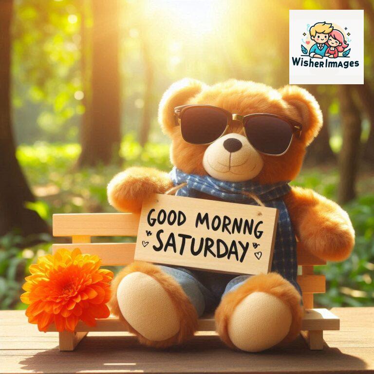 Good-morning-Saturday-free-whatsapp-images-download-A-cute-teddy-bear-reclining-on-a-wooden-bench-An-orange-flower-rests-on-the-bench_52