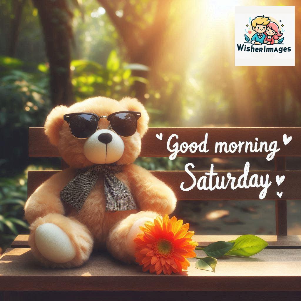 Good morning Saturday free whatsapp images download A cute teddy bear reclining on a wooden bench An orange flower rests on the bench (53)