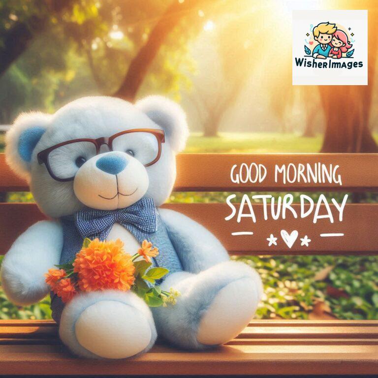 Good-morning-Saturday-free-whatsapp-images-download-A-cute-teddy-bear-reclining-on-a-wooden-bench-An-orange-flower-rests-on-the-bench_54