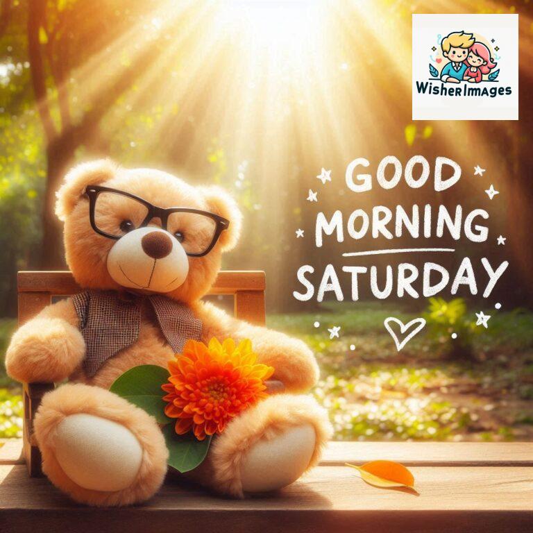 Good-morning-Saturday-free-whatsapp-images-download-A-cute-teddy-bear-reclining-on-a-wooden-bench-An-orange-flower-rests-on-the-bench_58