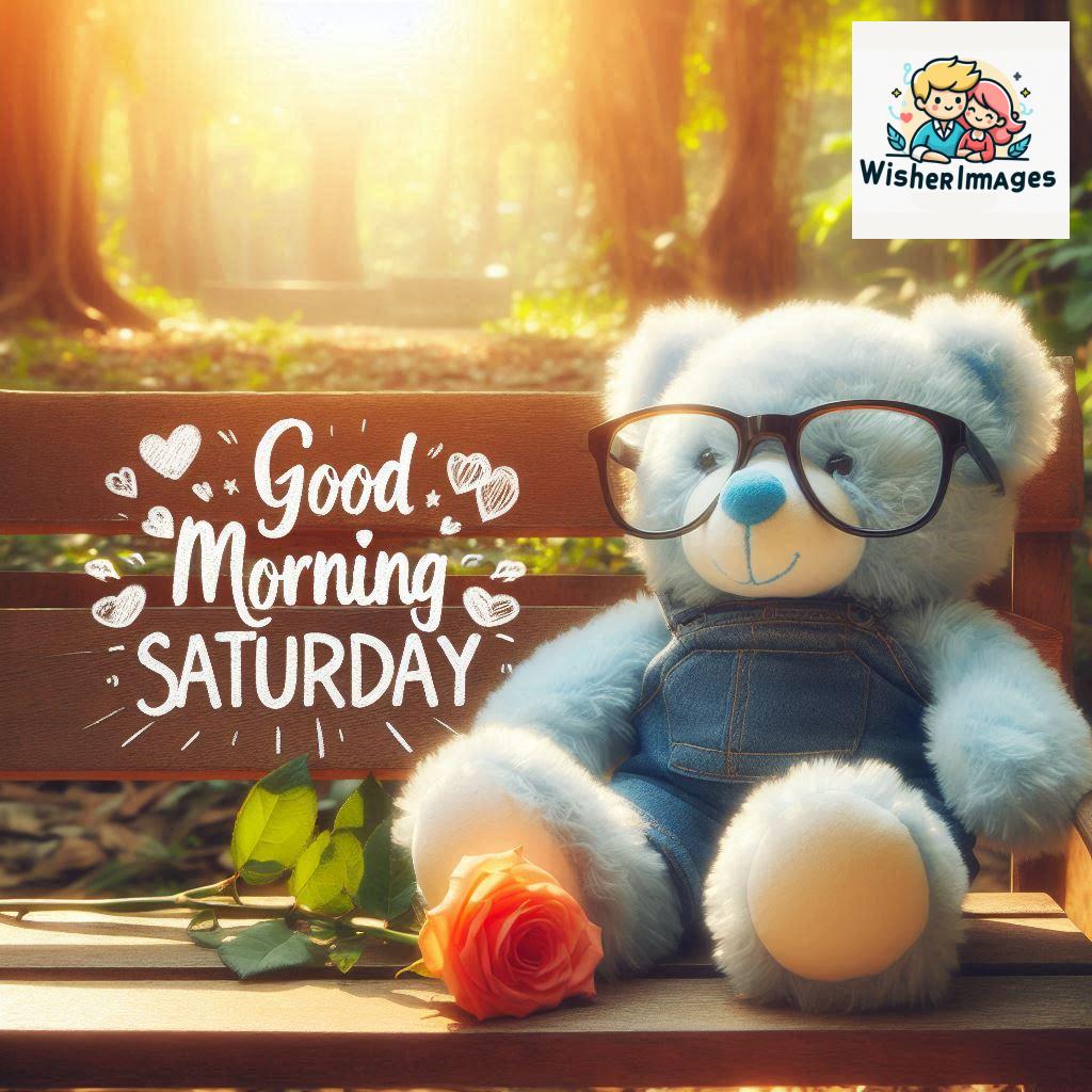 Good morning Saturday free whatsapp images download A cute teddy bear reclining on a wooden bench An orange flower rests on the bench (59)