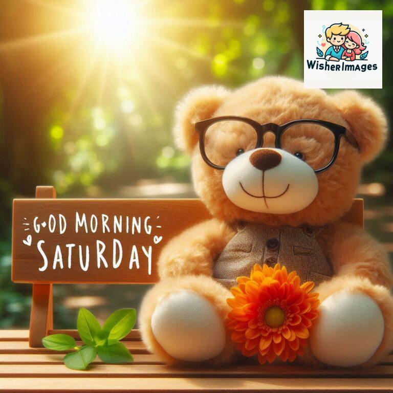 Good-morning-Saturday-free-whatsapp-images-download-A-cute-teddy-bear-reclining-on-a-wooden-bench-An-orange-flower-rests-on-the-bench_6