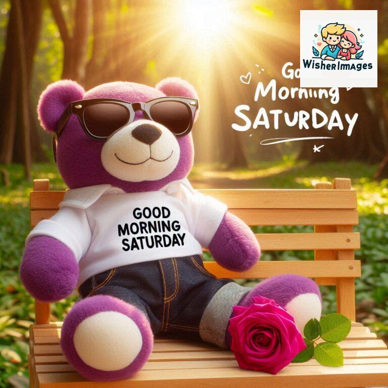 Good-morning-Saturday-free-whatsapp-images-download-A-cute-teddy-bear-reclining-on-a-wooden-bench-An-orange-flower-rests-on-the-bench_62