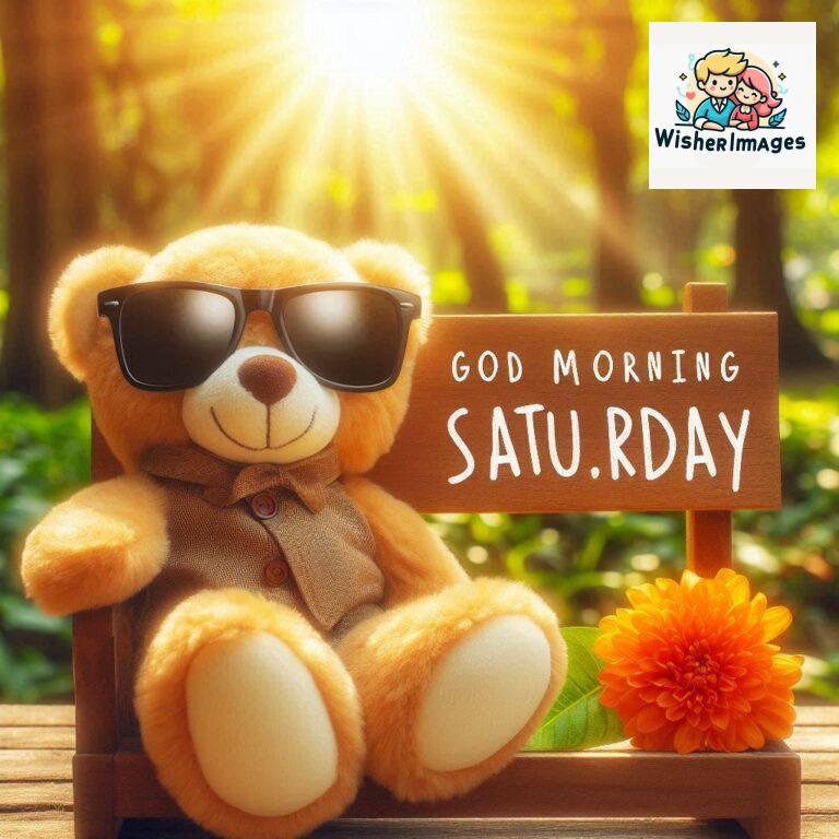 Good-morning-Saturday-free-whatsapp-images-download-A-cute-teddy-bear-reclining-on-a-wooden-bench-An-orange-flower-rests-on-the-bench_66