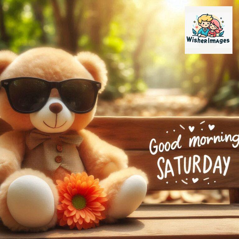 Good-morning-Saturday-free-whatsapp-images-download-A-cute-teddy-bear-reclining-on-a-wooden-bench-An-orange-flower-rests-on-the-bench_67