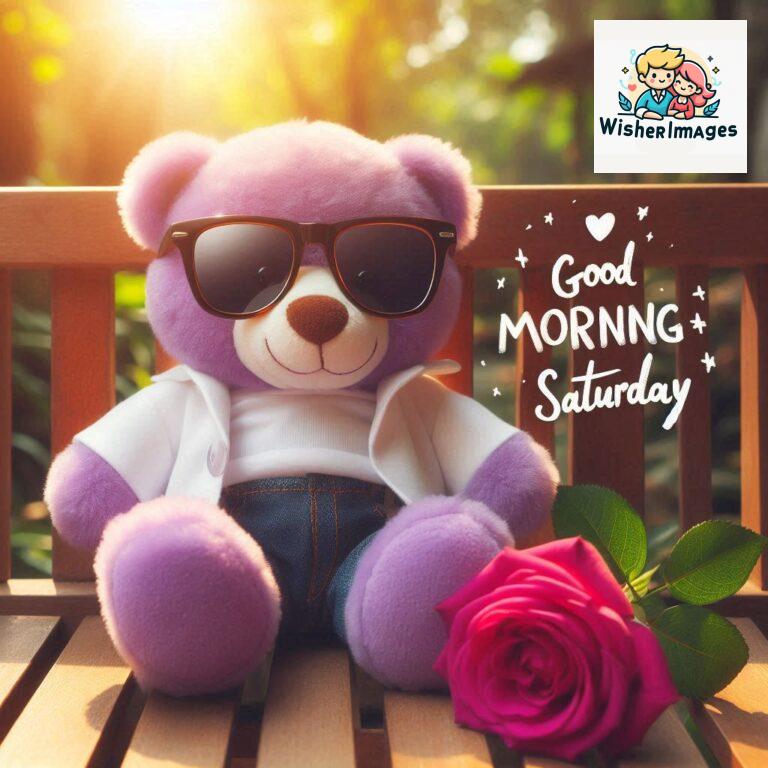 Good-morning-Saturday-free-whatsapp-images-download-A-cute-teddy-bear-reclining-on-a-wooden-bench-An-orange-flower-rests-on-the-bench_68