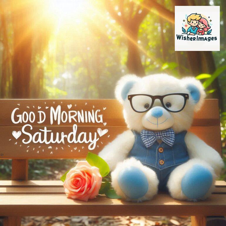 Good-morning-Saturday-free-whatsapp-images-download-A-cute-teddy-bear-reclining-on-a-wooden-bench-An-orange-flower-rests-on-the-bench_7