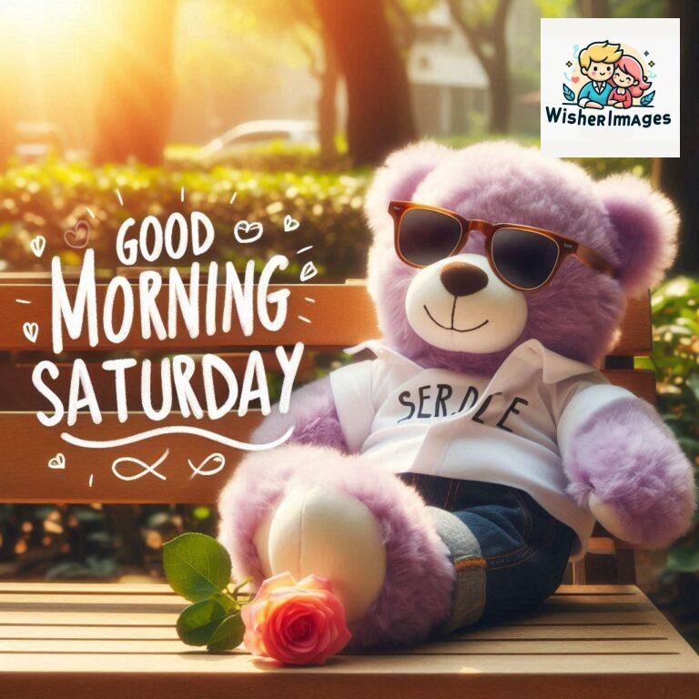 Good-morning-Saturday-free-whatsapp-images-download-A-cute-teddy-bear-reclining-on-a-wooden-bench-An-orange-flower-rests-on-the-bench_70