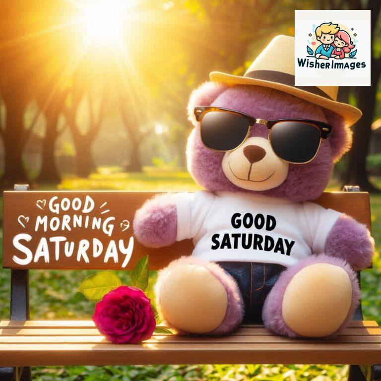 Good-morning-Saturday-free-whatsapp-images-download-A-cute-teddy-bear-reclining-on-a-wooden-bench-An-orange-flower-rests-on-the-bench_71