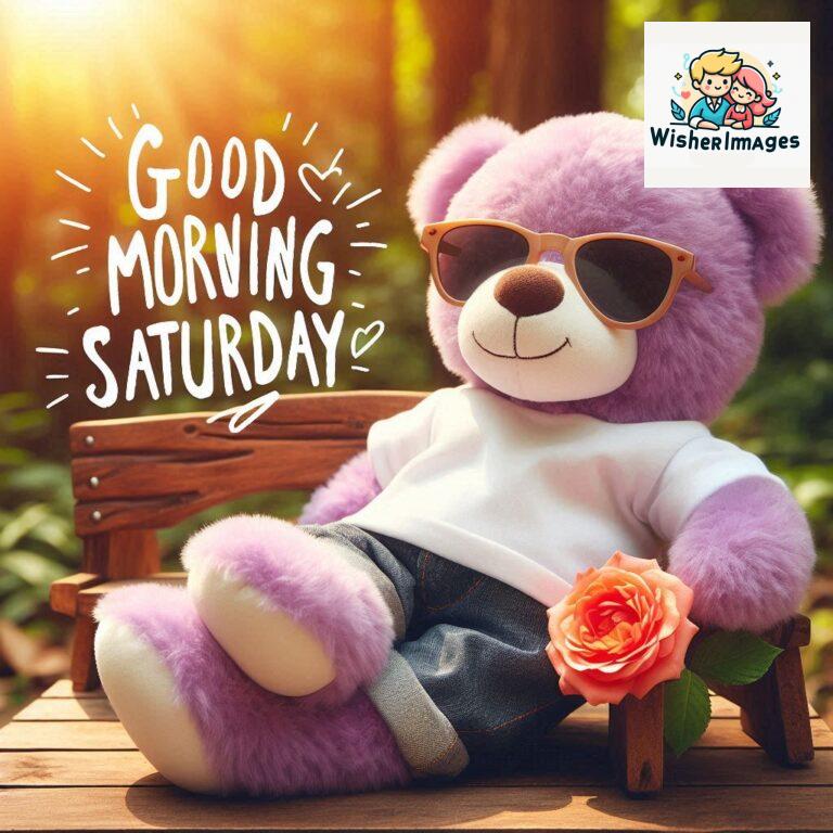 Good-morning-Saturday-free-whatsapp-images-download-A-cute-teddy-bear-reclining-on-a-wooden-bench-An-orange-flower-rests-on-the-bench_72