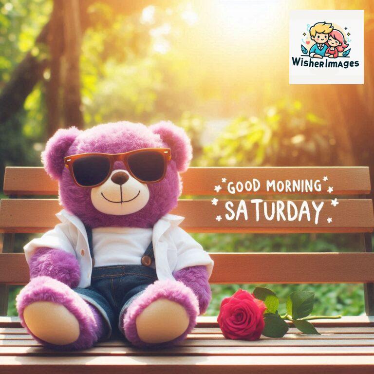 Good-morning-Saturday-free-whatsapp-images-download-A-cute-teddy-bear-reclining-on-a-wooden-bench-An-orange-flower-rests-on-the-bench_76