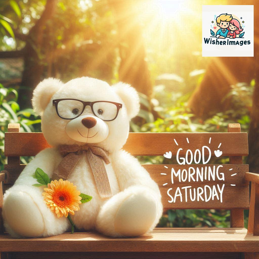 Good morning Saturday free whatsapp images download A cute teddy bear reclining on a wooden bench An orange flower rests on the bench (78)